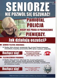 Plakat ostrzegający o tym, że policja nie prosi o pieniądze. Plakat kampanii ostrzegającej osoby starsze.