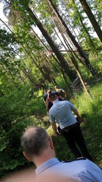 Grupa mężczyzn idzie ścieżką leśną