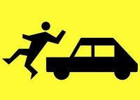 Grafika - znak przedstawiający samochód i ludzika potrąconego przez to auto