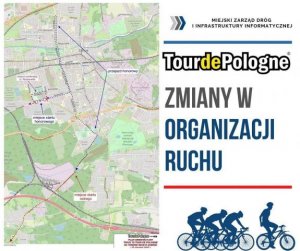 Mapa przebiegu wyścigu kolarskiego i napis Tour De Pologne, grafika przedstawiająca kolarzy.