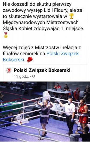 Wycinek twita Polskiego Związku Bokserskiego. Na zdjęciu Lidia Fidura po zwycięskiej walce.