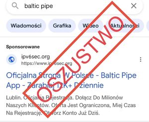 Wycinek ogłoszenia o akcjach Baltic pipe z pieczęcią - OSZUSTWO