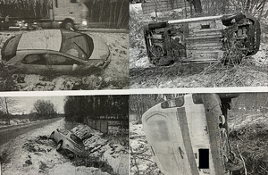 Na zdjęciu zdjęcie wydruku miejsca wypadku - widać cztery klatki zdjęć na nim przewrócone auta.