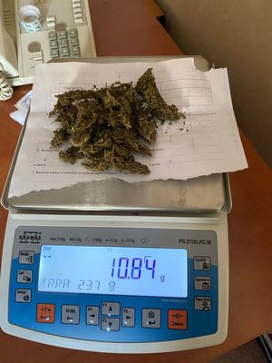 Na zdjęciu waga elektroniczna - na niej susz marihuany. Na wyświetlaczu wskazanie 10,84 grama.